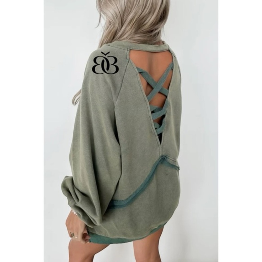 POL Olive Green Criss Cross Back Pullover | Vintage Wash French Terry Sweatshirt